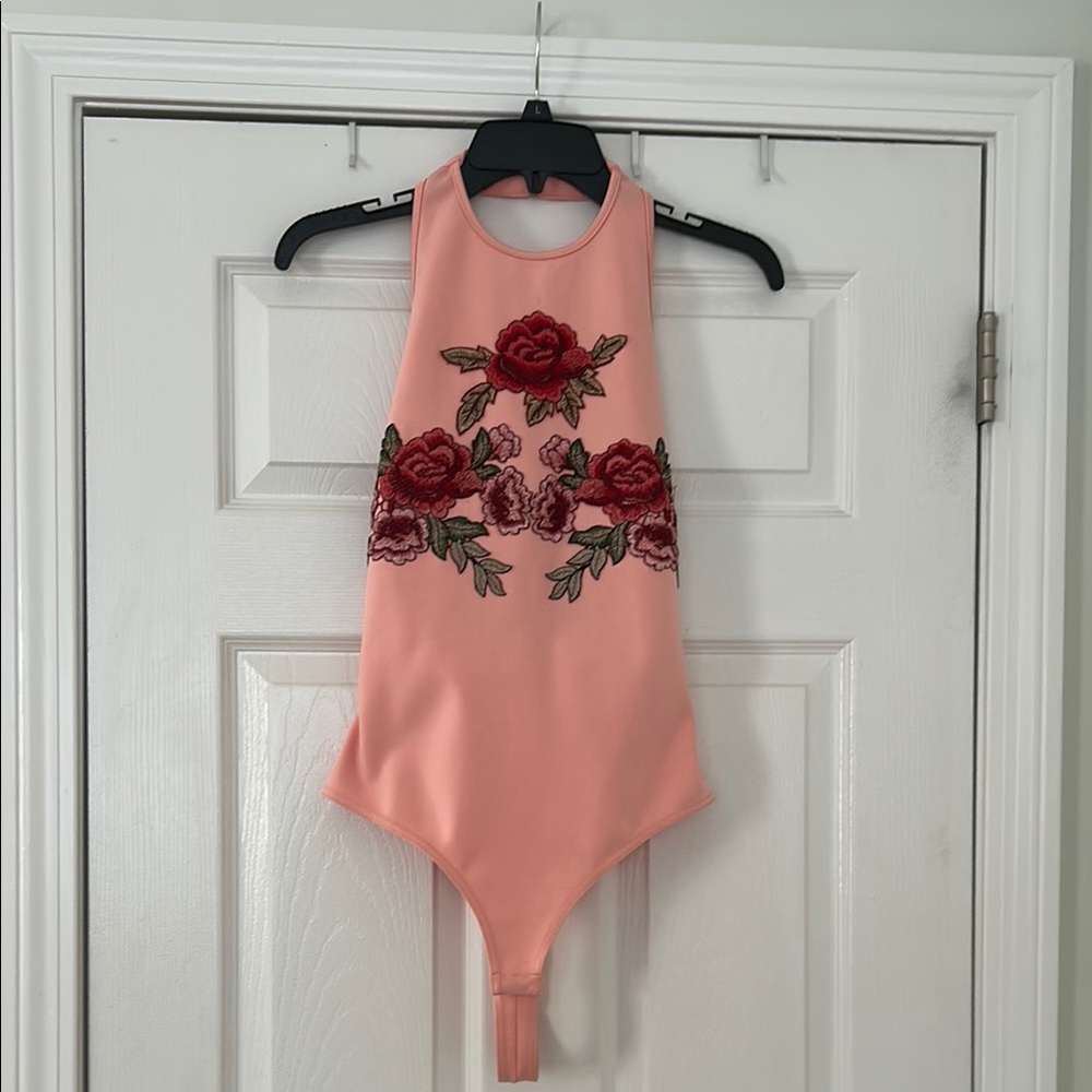 Pink Bodysuit with Red Floral Embroidery size Medium snap closure and zip back